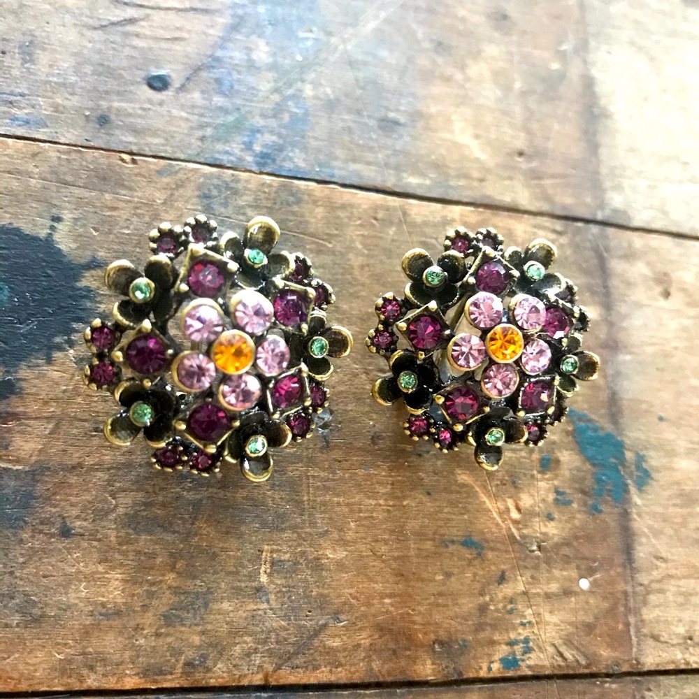 Vintage earrings 90s romantic purple floral rhinestone
